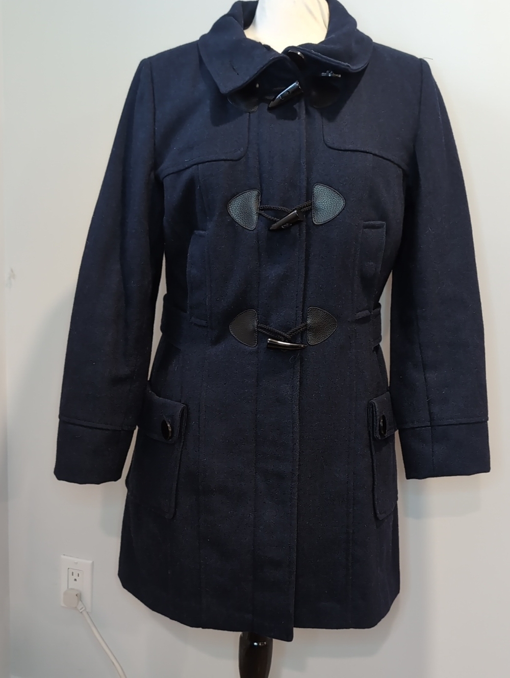 Wool Blend Duffle Toggle Navy Blue Coat Medium Women's San Francisco 3/4 Length